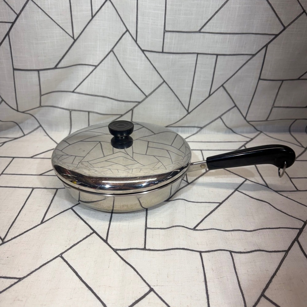 Revere Ware Skillet 9in Silver Stainless Steel Pan with Lid 88-A Bakelite Handle
